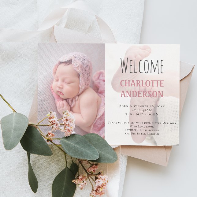 Elegant Script Welcome Baby Girl Photo Pink Birth Announcement (Creator Uploaded)