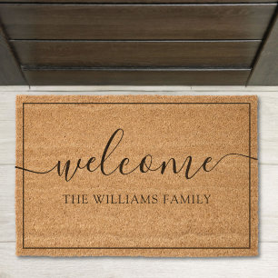 Elegant Script Welcome Custom Family Name Outdoor Fiber Doormat