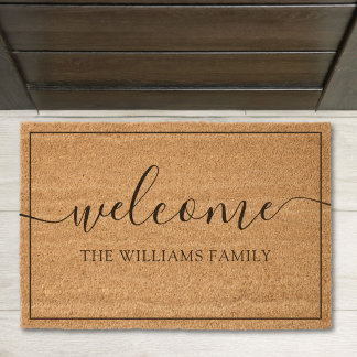 Elegant Script Welcome Custom Family Name Outdoor Fiber Doormat