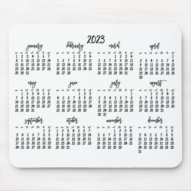Elegant Script White And Black Calendar 2023 Mouse Pad (Front)