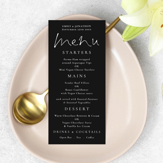 Elegant Script White Black Wedding Menu (Creator Uploaded)