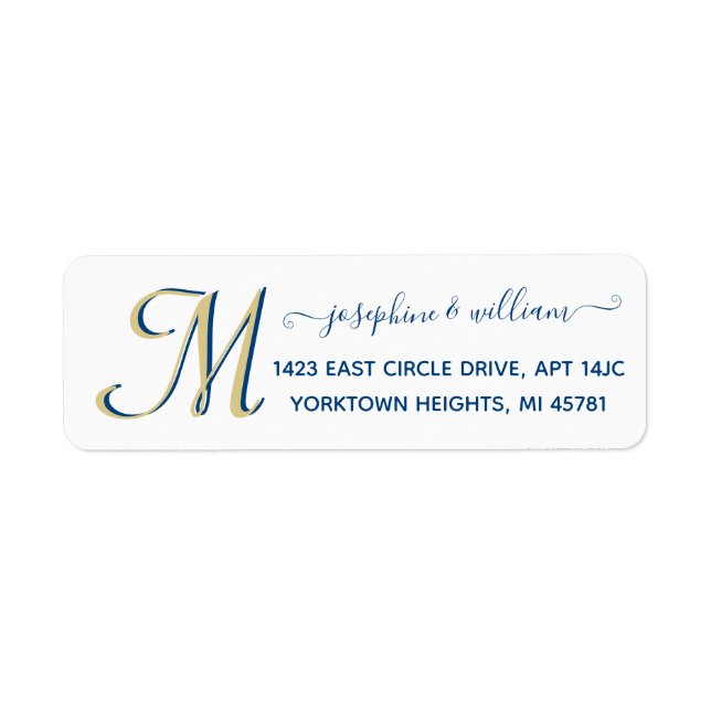 Elegant Script White Blue Custom Monogram Address  Label (Front)