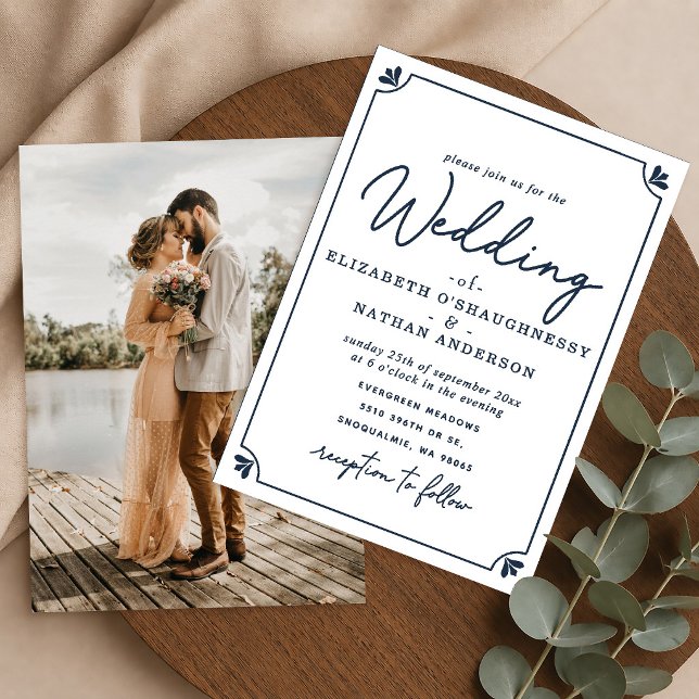 Elegant Script White & Blue Photo Wedding Invitation (Creator Uploaded)