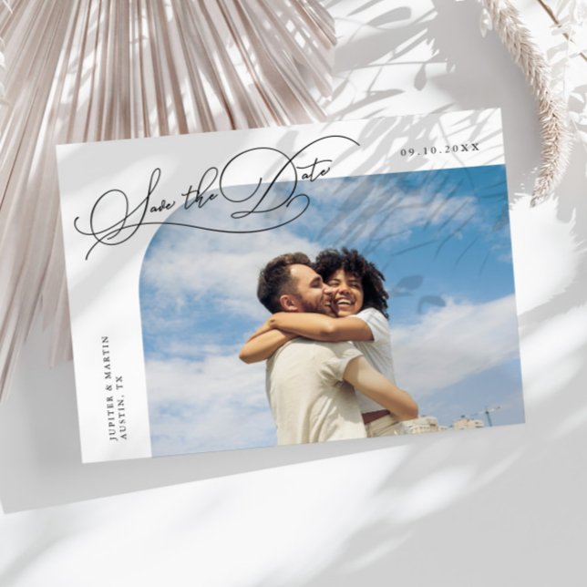 Elegant Script White Curved Frame Photo Save The Date (Creator Uploaded)
