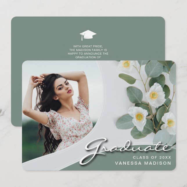 Elegant Script White Flowers | Modern Photo Grad Announcement (Front/Back)