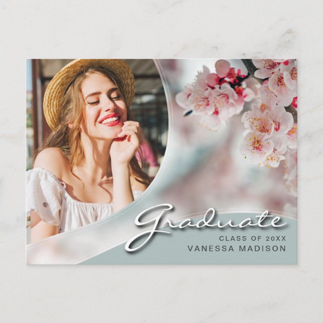 Elegant Script White Flowers | Modern Photo Grad Postcard (Front)
