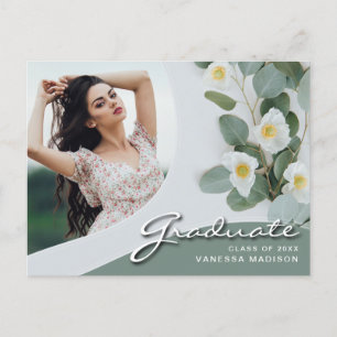 Elegant Script White Flowers   Modern Photo Grad Postcard