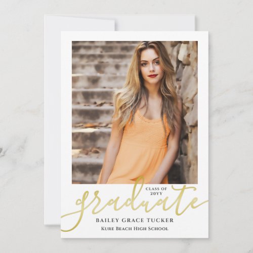 Elegant Script White Gold 2_Photo Graduation Announcement