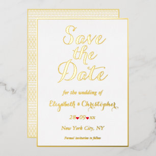 Elegant Script White Gold Wedding Save the Date Foil Invitation