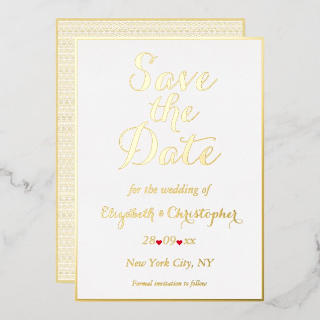 Elegant Script White Gold Wedding Save the Date Foil Invitation (Front/Back)