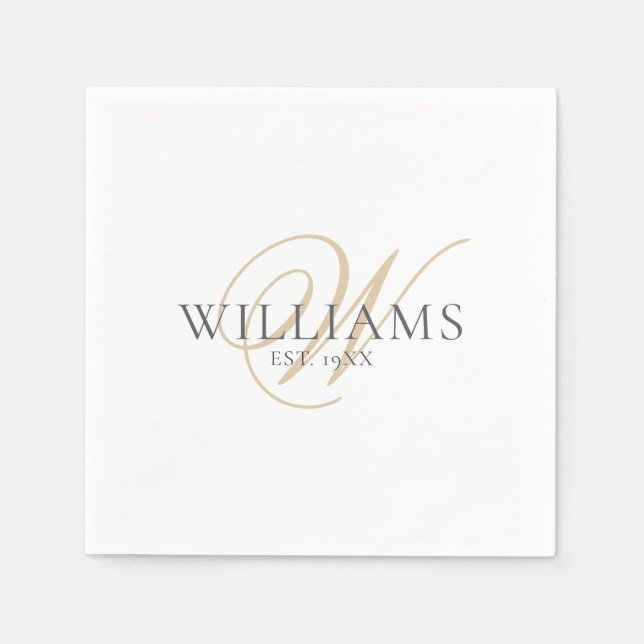 Elegant Script White Gray Gold Monogram  Napkins (Front)