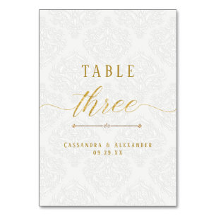 Elegant Script White Lace Gold 3 Three Wedding Table Number