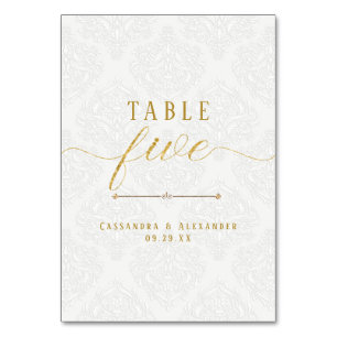 Elegant Script White Lace Gold 5 Five Wedding Table Number