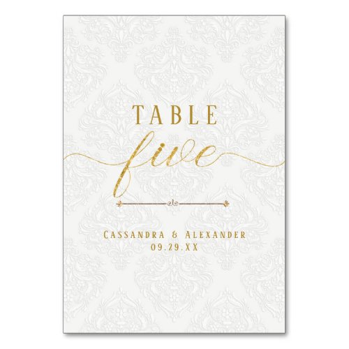 Elegant Script White Lace Gold 5 Five Wedding Table Number