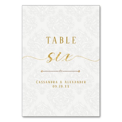 Elegant Script White Lace Gold 6 Six Wedding Table Number