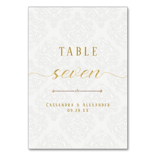 Elegant Script White Lace Gold 7 Seven Wedding Table Number