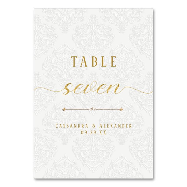 Elegant Script White Lace Gold 7 Seven Wedding Table Number (Front)