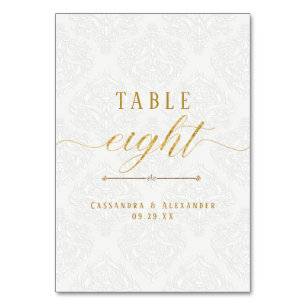 Elegant Script White Lace Gold 8 Eight Wedding Table Number