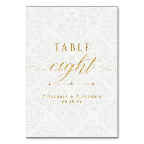 Elegant Script White Lace Gold 8 Eight Wedding Table Number
