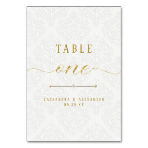 Elegant Script White Lace Gold Glitter Wedding 1 Table Number