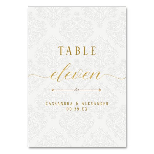 Elegant Script White Lace Gold Wedding Eleven 11 Table Number