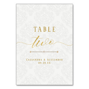 Elegant Script White Lace Gold Wedding Two 2 Table Number