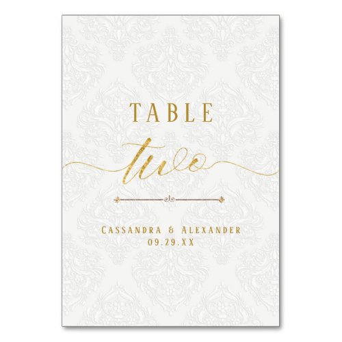 Elegant Script White Lace Gold Wedding Two 2 Table Number