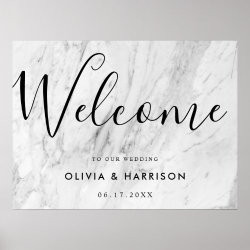 Elegant Script White Marble Wedding Welcome Sign