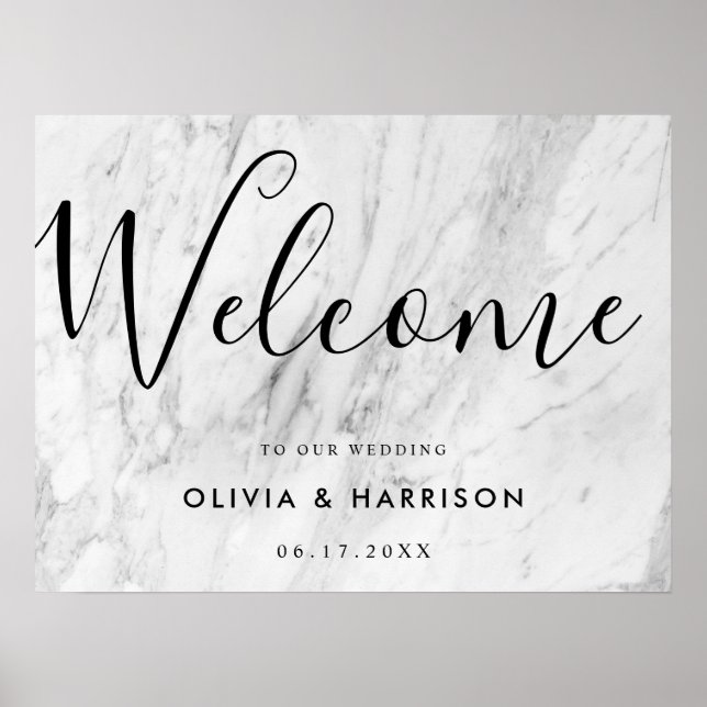 Elegant Script White Marble Wedding Welcome Sign (Front)