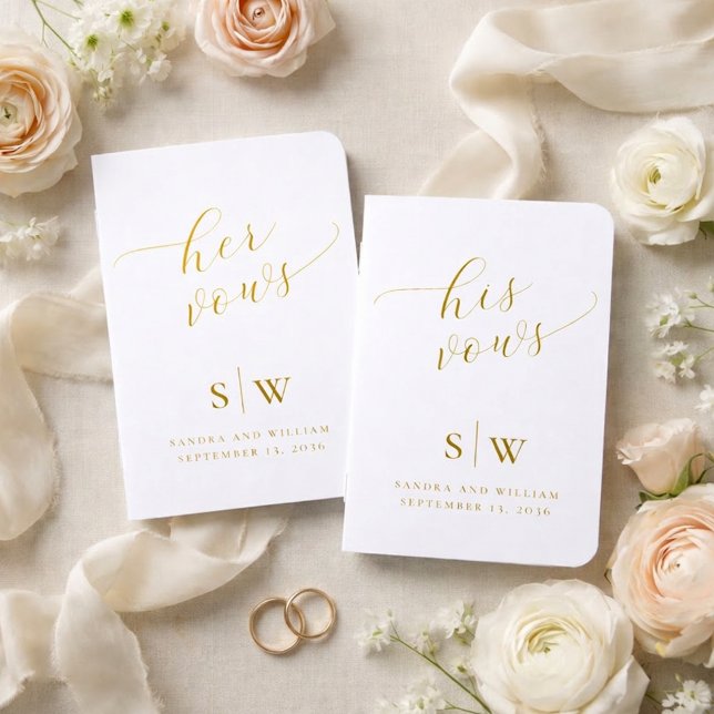 Elegant Script White Monogram His and Hers Gold Foil Vow Books (Creator Uploaded)