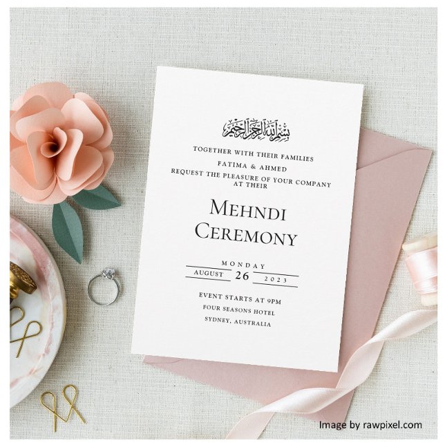 Elegant Script White Muslim Henna Mehndi Ceremony Invitation (Creator Uploaded)