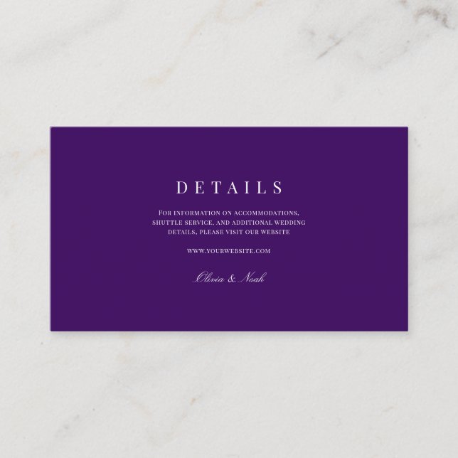 Elegant Script White & Purple Wedding Details  Enclosure Card (Front)