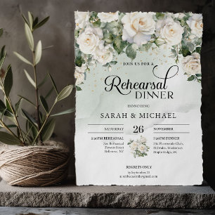 Elegant script white roses and gold rehearsal invitation