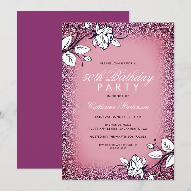 Elegant Script White Roses Birthday Party Invitation (Front/Back)
