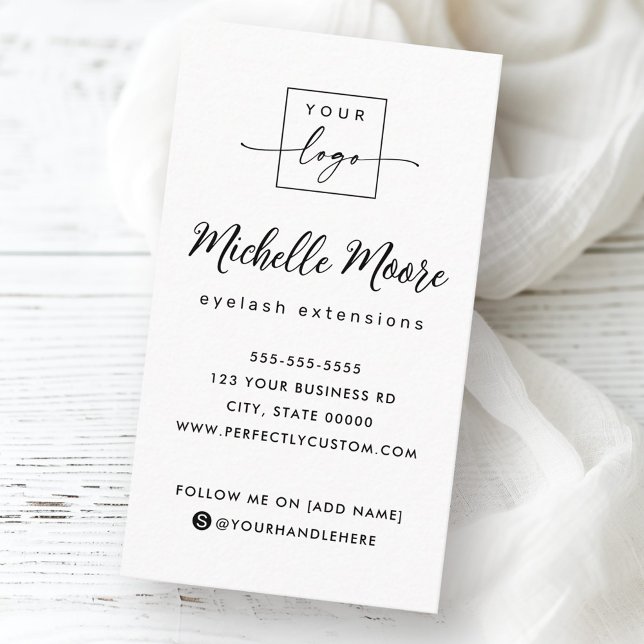 Elegant script white vertical custom logo business card (White vertical custom logo business card with your name in and elegant script)