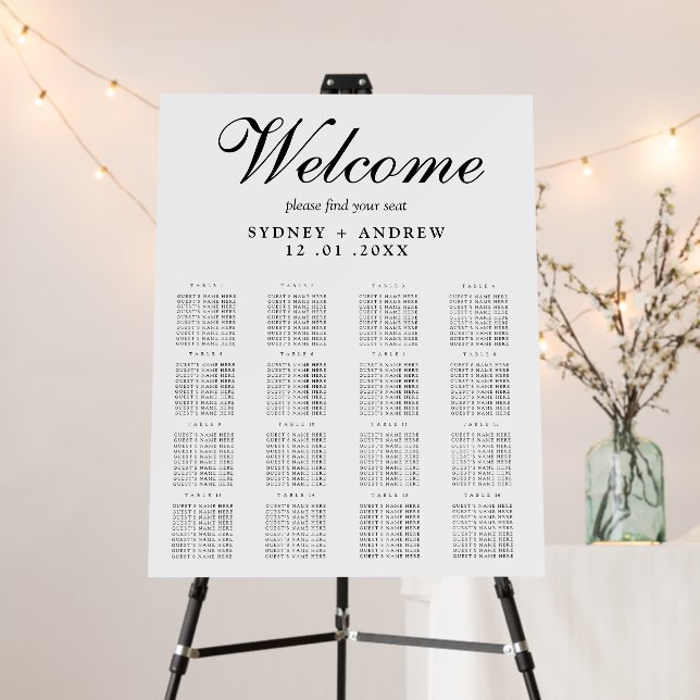 Elegant Script White Wedding Seating Chart Foam Board (In Situ (Stand))