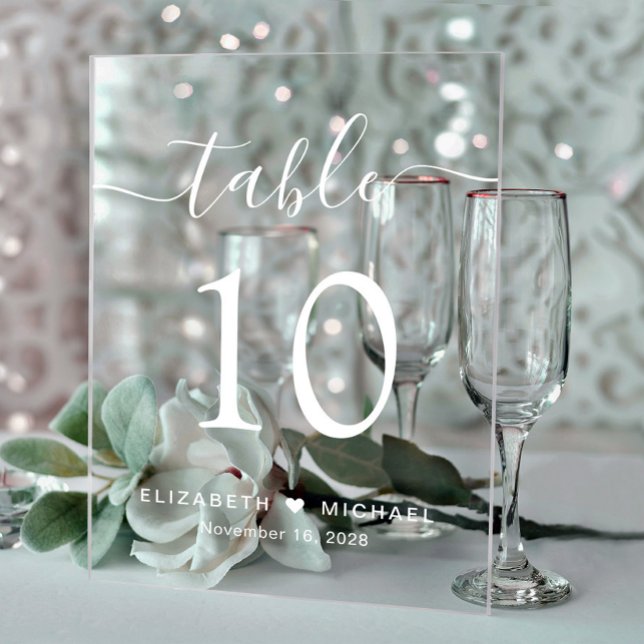 Elegant Script White Wedding Table Number Acrylic Sign (Creator Uploaded)