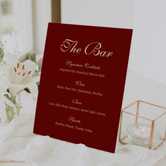 Elegant Script Wine Red Wedding Bar Menu Pedestal Sign (Creator Uploaded)