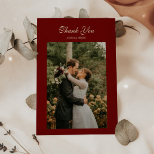 Elegant Script Wine Red Wedding Photo Thank You Card