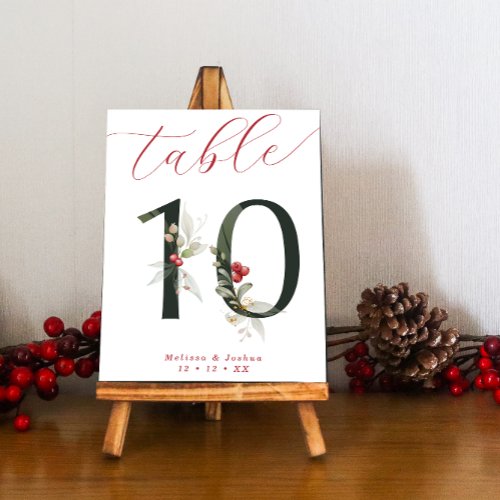 Elegant Script Winter Berries Table 10 Table Number