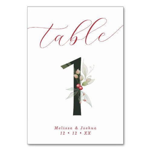 Elegant Script Winter Berries Table 1 Table Number