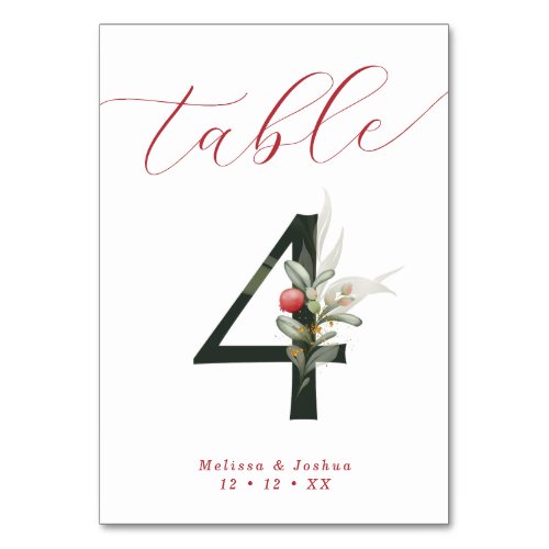 Elegant Script Winter Berries Table 4 Table Number