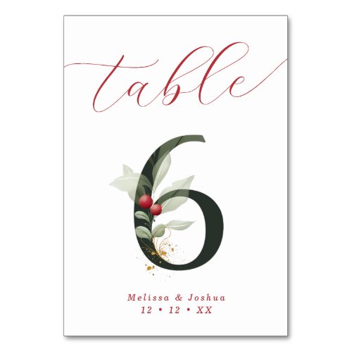 Elegant Script Winter Berries Table 6 Table Number