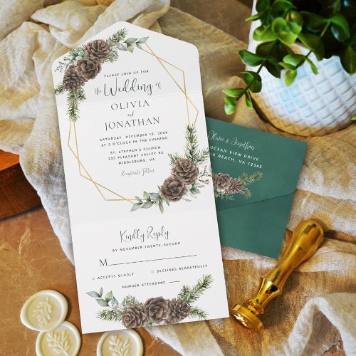 Elegant Script Winter Greenery Pine Cone Wedding All In One Invitation