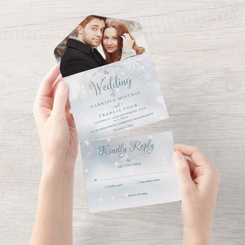 Elegant Script Winter Snowflakes Photo Wedding All In One Invitation