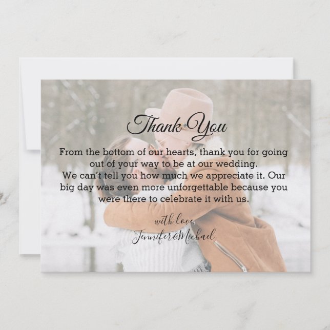 Elegant Script Winter Wedding Photo Thank You Note Card (Front)