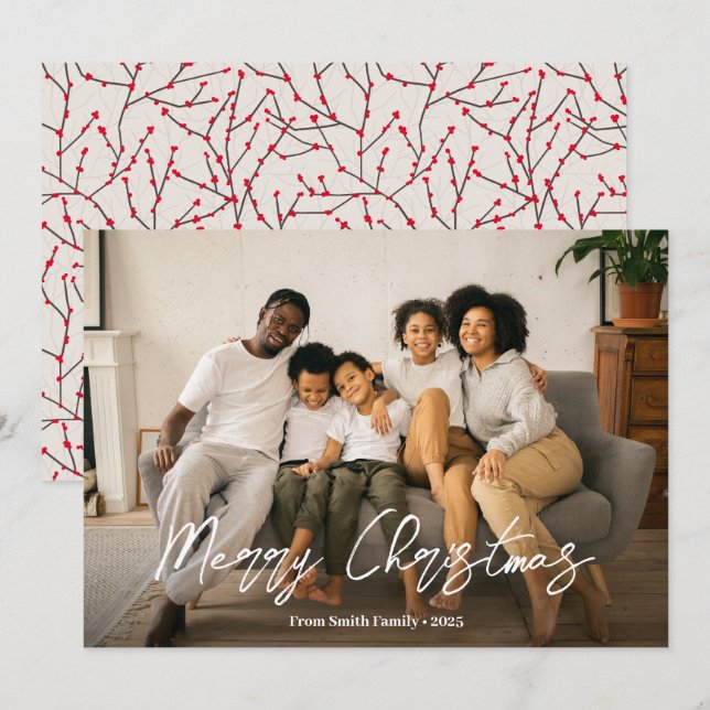 Elegant Script Winterberry Pattern Family Photo  Holiday Card (Front/Back)