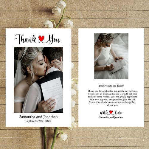 Elegant Script with Red Heart Wedding Photo Thank You Card