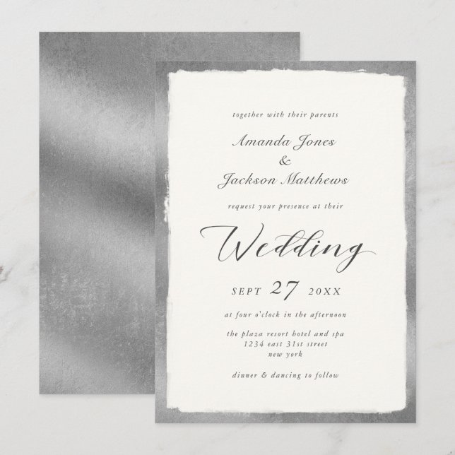 Elegant Script with Silver Semi Formal Wedding Invitation (Front/Back)
