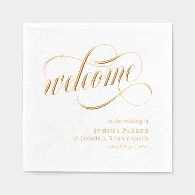Elegant Script With Swirls Wedding Welcome Gold Foil Napkins (Front)
